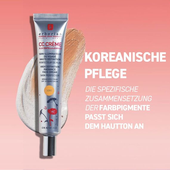 Erborian CC Cream - Getönte Gesichtscreme mit Centella Asiatica - Gesichtspflege aus Korea - Strahlender Teint & Feuchtigkeit LSF 25 - Doré 45 ml