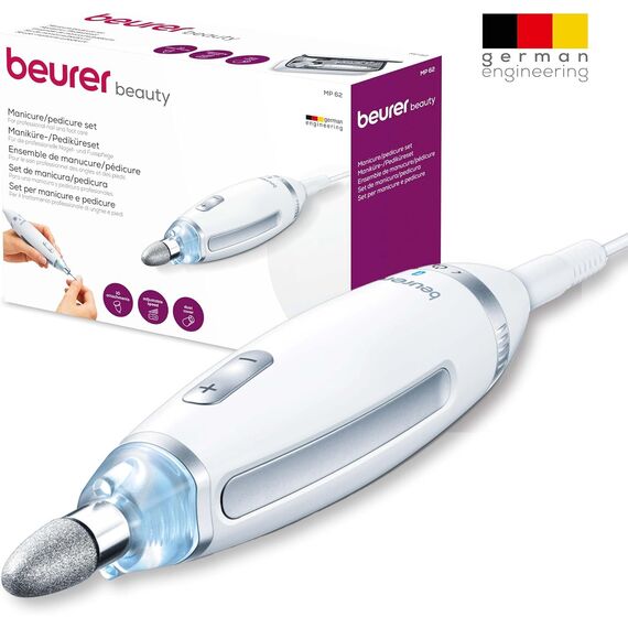 Beurer MP 62 Maniküre-/ Pediküre-Set, elektrische Nagelfeile mit 10 hochwertigen Nagelpflege-Aufsätzen, LED Licht, Nagelfräser mit stufenloser Geschwindigkeitsregelung, mit Aufbewahrungstasche, Weiß