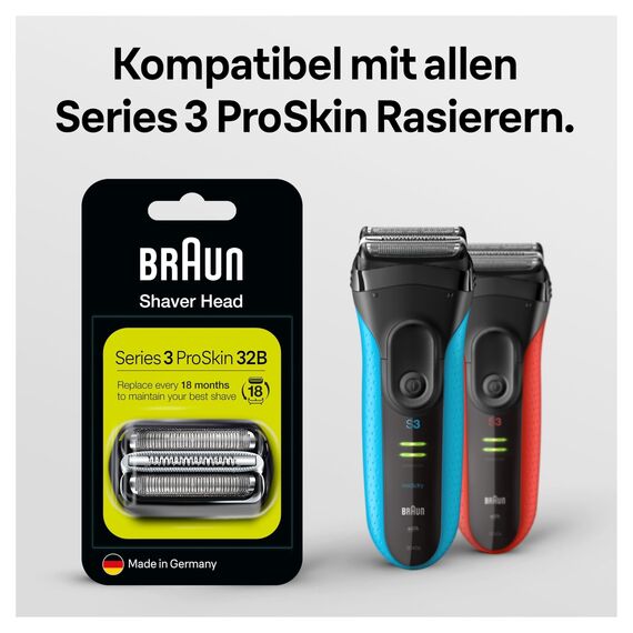 Braun Series 3 Elektrorasierer Scherkopf, ORIGINAL Ersatzscherteil vom Hersteller passend für Braun Herren Rasierer Series 3 ProSkin, 32B, schwarz, 1er Pack