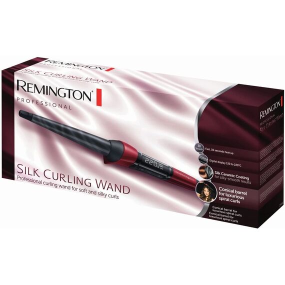 Remington Lockenstab [kegelförmig 13-25mm] Silk Digital (hochwertige Keramikbeschichtung mit Seidenproteinen) -LCD-Display 120-220°C, natürliche Locken, Spirallocken & Beach Waves, CI96W1