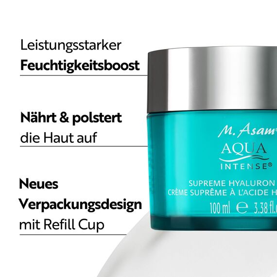 M. Asam AQUA INTENSE Supreme Hyaluron Cream (100 ml) – Parfümfreie Feuchtigkeitscreme mit Hyaluron, 120h Feuchtigkeitskomplex, Anti-Falten-Effekt, leichte Textur