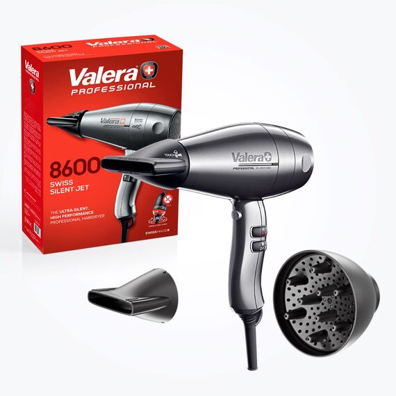 Valera, Swiss Silent Jet 8600, professioneller Haartrockner, Föhn mit leistungsstarkem Motor AC-Performance, 3 Temperaturstufen, Ionen-Generator, verdrehsicherem Super-Flex-Kabel, 2400 W, platinfarben