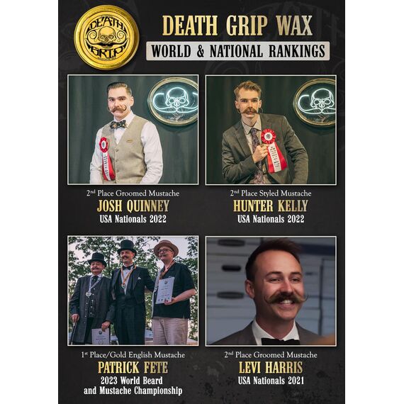 Death Grip Bartwichse Extra Starker Halt – Wärme erforderlich – Wettbewerbsqualität Schnurrbartwachs für Lenkerschnurrbart, Styling, Formen & Training | Extra Festes Moustache Wax 1oz