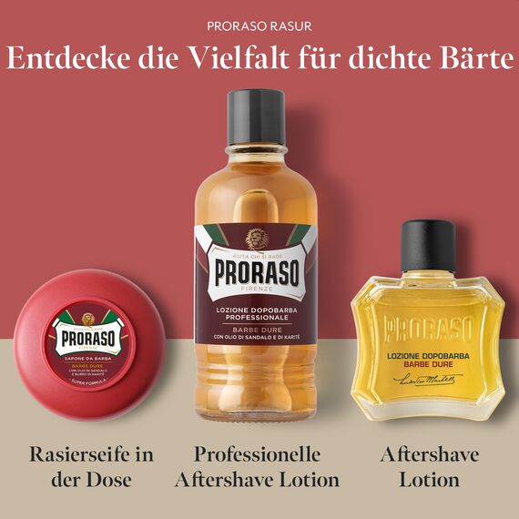 Proraso Shaving Soap inklusive Seifenschale, 150 ml, nährende und feuchtigkeitsspendende Rasierseife für Herren mit Sandelholz & Sheabutter, Made in Italy, Rot