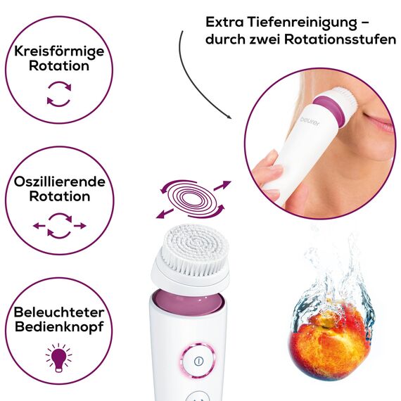Beurer FC 95 Gesichtsbürste, porentiefe Reinigung der Gesichtshaut, elektrische Reinigungsbürste mit 4 Aufsätzen, für jeden Hauttyp geeignet, wasserfest, mit Akku