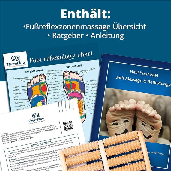 TheraFlow Fußmassageroller Holz - Plantarfasziitis Fußmassagegerät für Akupressur- & Reflexzonenmassage, Fersensporn Massagegerät, Geschenke für Frauen & Geschenke für Männer (inkl. Reflexzonenkarte)