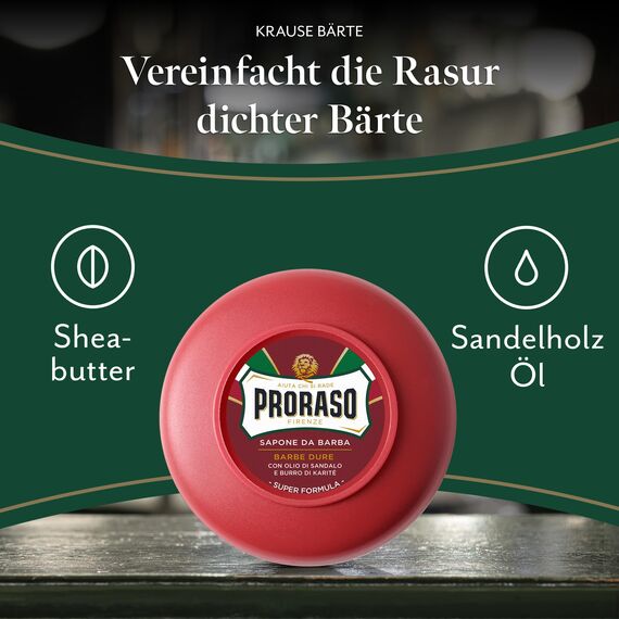 Proraso Shaving Soap inklusive Seifenschale, 150 ml, nährende und feuchtigkeitsspendende Rasierseife für Herren mit Sandelholz & Sheabutter, Made in Italy, Rot