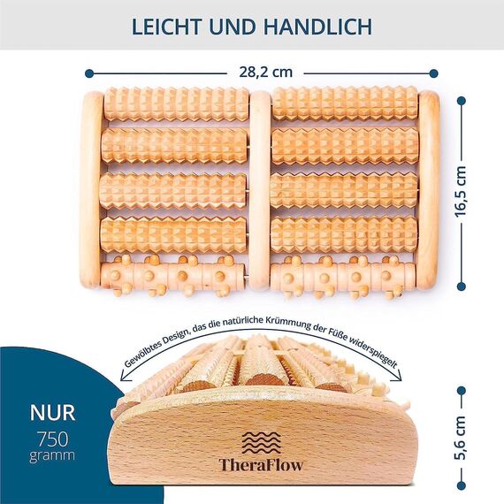 TheraFlow Fußmassageroller Holz - Plantarfasziitis Fußmassagegerät für Akupressur- & Reflexzonenmassage, Fersensporn Massagegerät, Geschenke für Frauen & Geschenke für Männer (inkl. Reflexzonenkarte)