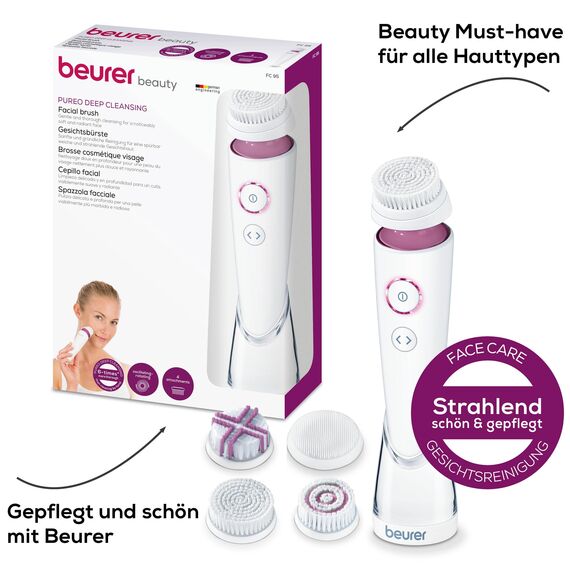 Beurer FC 95 Gesichtsbürste, porentiefe Reinigung der Gesichtshaut, elektrische Reinigungsbürste mit 4 Aufsätzen, für jeden Hauttyp geeignet, wasserfest, mit Akku