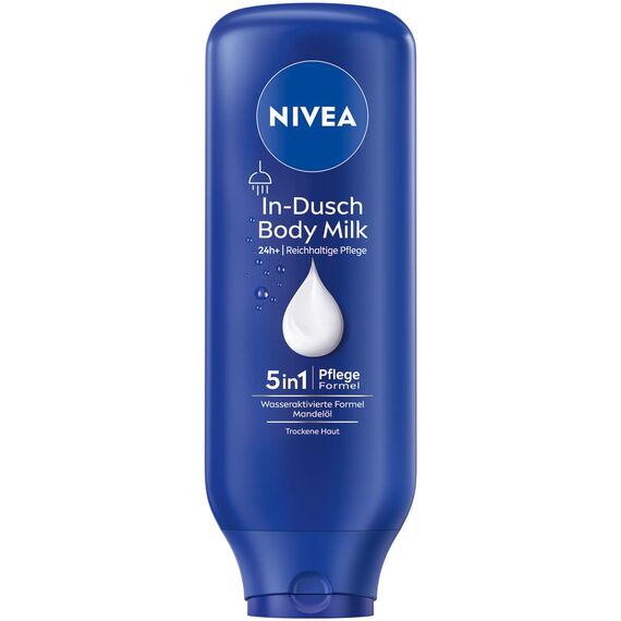 NIVEA In-Dusch Body Milk (400 ml), Körpercreme mit Mandel-Öl und wasseraktivierter 5in1 Pflege Formel, feuchtigkeitsspendende Body Lotion für die Dusche
