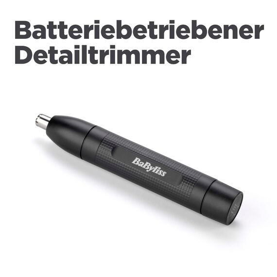 BaByliss Nasen- und Ohrenhaarschneider – Präzises 2-Klingen-System, batteriebetrieben, Edelstahl, leicht zu reinigen mit abnehmbaren Aufsätzen, Schwarz, E650E