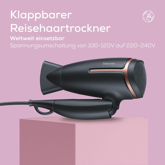 Beurer HC 25 klappbarer Reisehaartrockner mit Ionenfunktion, leistungsstarker Föhn, für geschmeidiges & weiches Haar, ideal für unterwegs, 1600 Watt, weltweite Spannungsanpassung 110-120/220-240 V