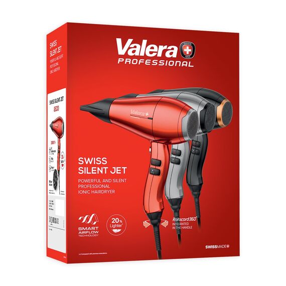 Valera, Swiss Silent Jet 8500, professioneller Haartrockner, Föhn mit leistungsstarkem Motor AC-PERFORMANCE, 3 Temperaturstufen, Ionen-Generator, verdrehsicheres Super-Flex-Kabel, 2000 W, rot
