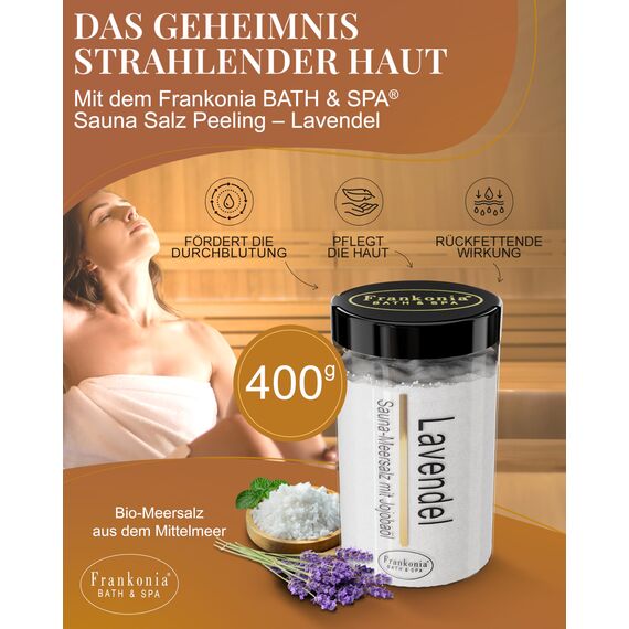 Frankonia BATH & SPA Sauna Salz Peeling Lavendel – 400 g Meersalz-Körperpeeling mit Jojobaöl & Vitamin E – Dusch- & Body Scrub für alle Hauttypen – Vegan & ohne Parabene – ohne Microplastik