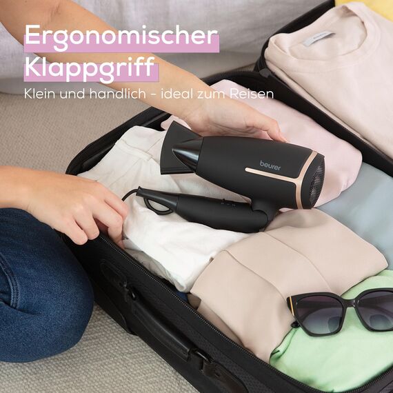 Beurer HC 25 klappbarer Reisehaartrockner mit Ionenfunktion, leistungsstarker Föhn, für geschmeidiges & weiches Haar, ideal für unterwegs, 1600 Watt, weltweite Spannungsanpassung 110-120/220-240 V