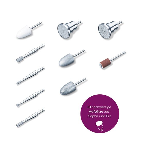 Beurer MP 100 elektrische Maniküre- und Pediküre-Profistation, 10 Aufsätze aus Saphir und Filz, Nagelstaub-Schutzkappe, bis 20.000 Umdrehungen pro Minute, 41-teiliges Set