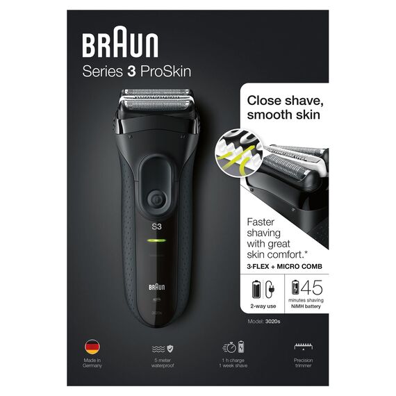 Braun Series 3 ProSkin Rasierer Herren, Elektrorasierer & Trimmer, wiederaufladbarer und kabelloser elektrischer Rasierer, 45 Min Laufzeit, Vatertagsgeschenk, 3020s, schwarz