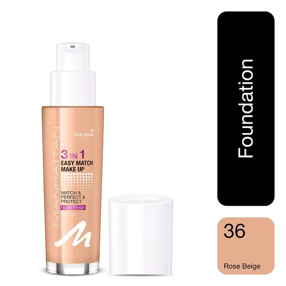 Manhattan 3in1 Easy Match Make-up, Flüssig Foundation für gebräunte Haut mit LSF 20, Farbe Rose Beige 36, 1 x 30ml