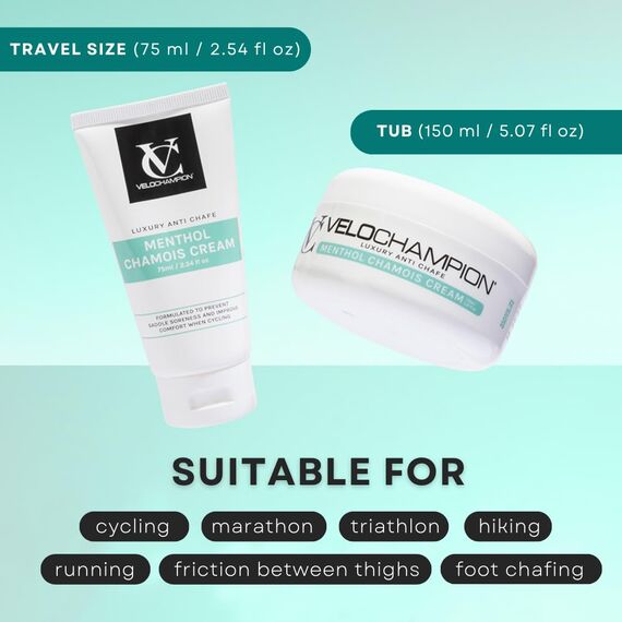 VeloChampion Luxus-Chamois Creme für Radfahrer, Läufer und Sportler | Vegane, kühlende, feuchtigkeitsspendende Anti-Scheuer-Creme | Reduziert Reibung und Scheuern | Geeignet für Männer und Frauen