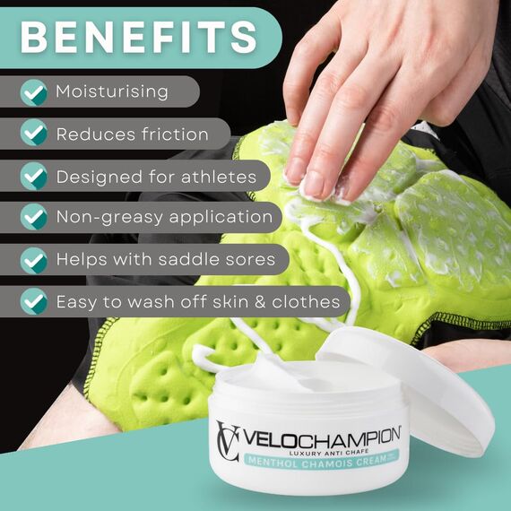 VeloChampion Luxus-Chamois Creme für Radfahrer, Läufer und Sportler | Vegane, kühlende, feuchtigkeitsspendende Anti-Scheuer-Creme | Reduziert Reibung und Scheuern | Geeignet für Männer und Frauen