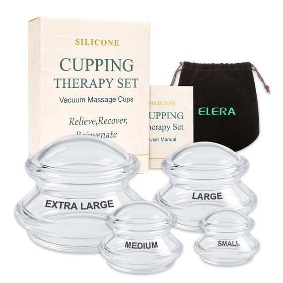 ELERA Silikon Schröpfgläser Set (XL-S) – 4 Stück, Schröpfen Massage für Anti-Cellulite & Anti-Aging, Vakuum Schröpfköpfe für Gesicht/Körper