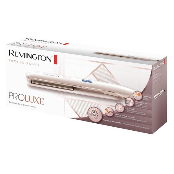 Remington Glätteisen PROluxe (OPTIheat-Technologie für lang anhaltende Styling-Ergebnisse in nur einem Zug & Ultimate-Glide-Keramikbeschichtung) LCD-Display, 150-230°C, Haarglätter S9100