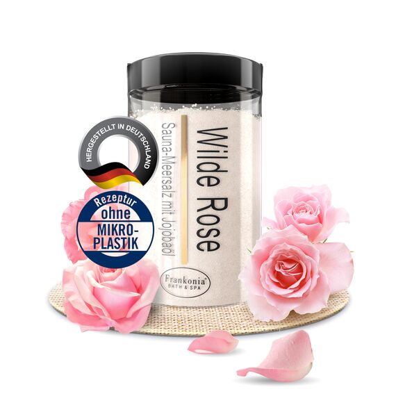 Frankonia BATH & SPA Sauna Salz Peeling Wilde Rose – 400 g Meersalz-Körperpeeling mit Jojobaöl & Vitamin E – Dusch- & Body Scrub für alle Hauttypen – Vegan & ohne Parabene – ohne Microplastik