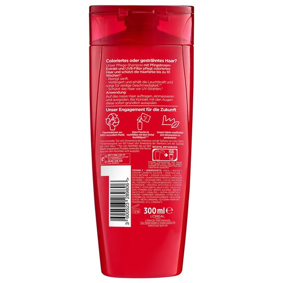 L'Oréal Paris Elvital Farbschutz Shampoo für coloriertes, getöntes oder gesträhntes Haar, Mit Pfingstrosen Extrakt und UVA-/UVB- Filter, Color Glanz Pflegeshampoo, 1 x 300 ml