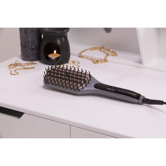 Remington Glätteisen & Haarbürste für eine reduzierte Stylingzeit (Keratin-Keramikbeschichtung mit Mandelöl angereichert, Digitales Display, 150-230°C) CB7480, Ionen-Technologie, Grau/Rose Gold