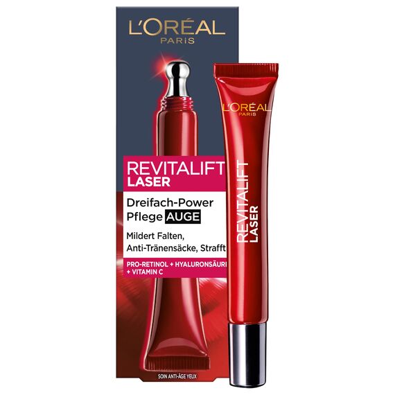 L'Oréal Paris Anti-Aging-Augenpflege mit Dreifachpower für Frauen: für gemilderte Falten, reduzierte Tränensäcke, straffere Haut mit Pro-Retinol, Vitamin C und Hyaluronsäure, RevitaLift Laser, 15ml