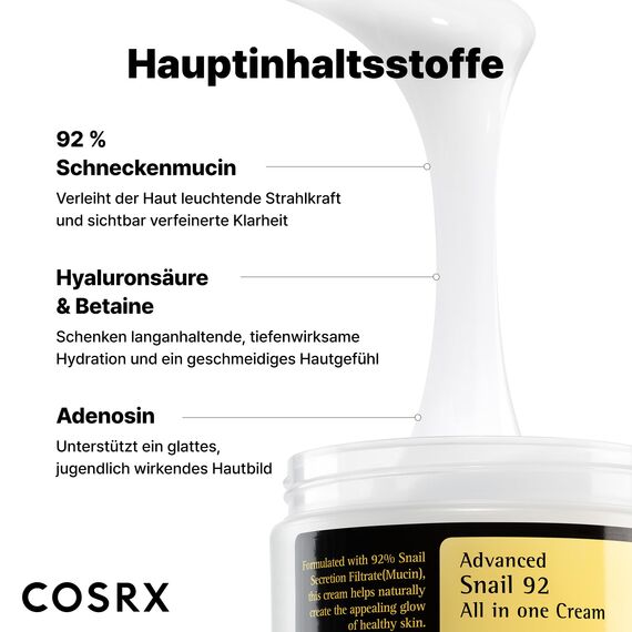 COSRX Advanced Snail 92% All in One Cream | Schneckenschleim Creme mit Hyaluron | Anti Pickel Anti Falten Gesichtscreme | für trockene und empfindliche Haut | Korean Skincare