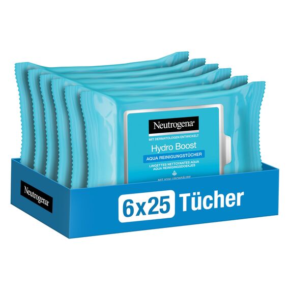 Neutrogena Hydro Boost Aqua Reinigungstücher pflegende Abschminktücher mit Hyaluronsäure auch bei empfindlicher & trockener Haut , 6 x 25 Stück