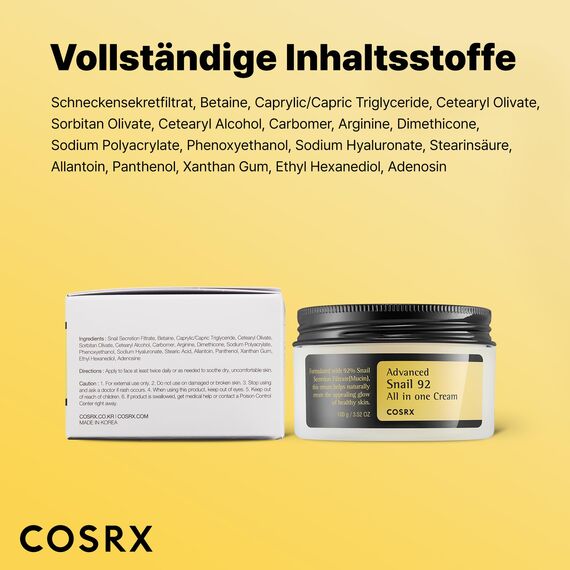 COSRX Advanced Snail 92% All in One Cream | Schneckenschleim Creme mit Hyaluron | Anti Pickel Anti Falten Gesichtscreme | für trockene und empfindliche Haut | Korean Skincare