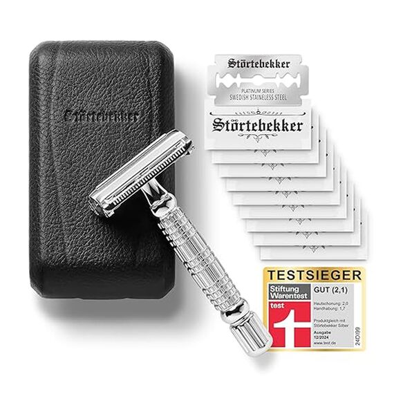 Störtebekker® Premium Rasierhobel Herren Hamburg - Rasierset mit 10 Rasierklingen & Leder-Etui - Nassrasierer Herren inkl. Reise-Etui mit Spiegel - *TESTSIEGER* Stiftung Warentest (12/2024)