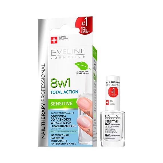 Eveline Cosmetics Nagelhärter für empfindliche, brüchige Nägel, stärkt & schützt empfindliche Nägel, mit Quarz, als Basis unter Nagellack, 8in1 Total Action Sensitive mit Quarz, 12 ml