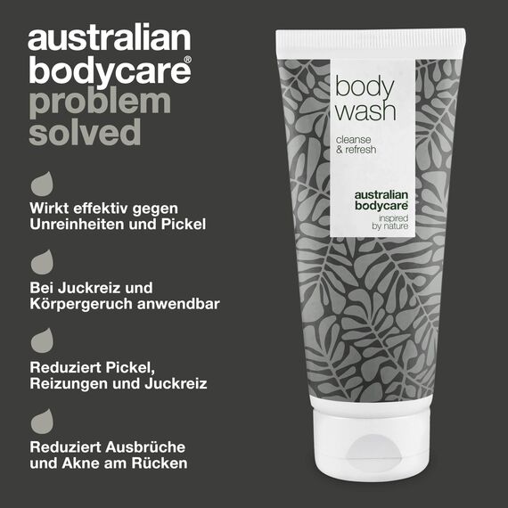 Duschgel 200 ml mit Teebaumöl bekannten 4-Terpineol von Australian Bodycare. Für Unreine, Trockene Haut, Juckreiz, Körpergeruch, Auch bei Pilz & Akne