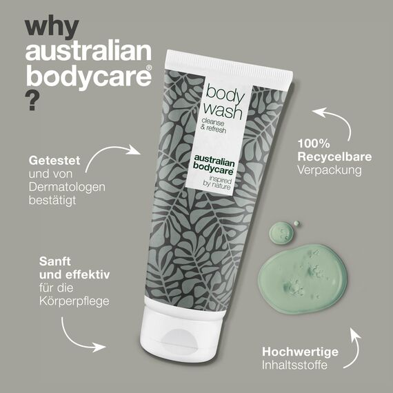 Duschgel 200 ml mit Teebaumöl bekannten 4-Terpineol von Australian Bodycare. Für Unreine, Trockene Haut, Juckreiz, Körpergeruch, Auch bei Pilz & Akne