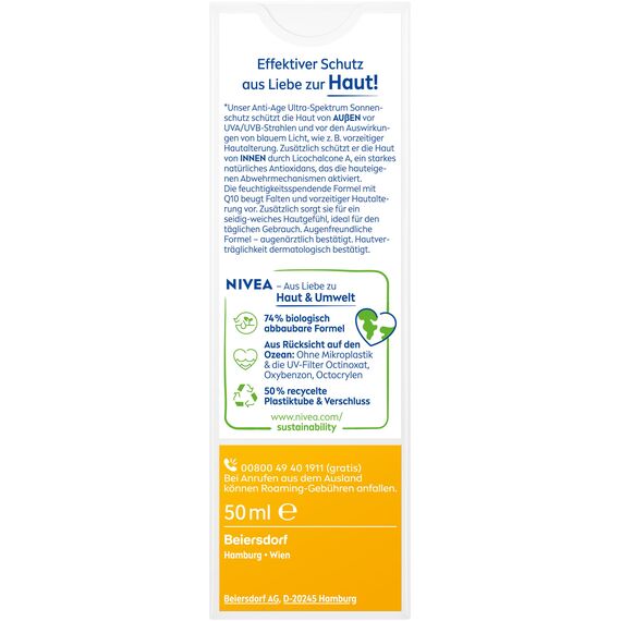NIVEA SUN UV Gesicht Q10 Anti-Age Sonnenschutz mit LSF 30 (50 ml), feuchtigkeitsspendende Gesichtssonnencreme, Anti-Falten Sonnencreme mit Schutz vor UVA/UVB-Strahlen
