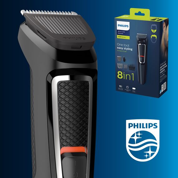 Philips Series 3000, All-in-One-Trimmer, 7-in-1-Multigroom, einfaches Styling für Gesicht und Haar, 11 Längeneinstellungen (0,5–16 mm), Modell MG3730/15