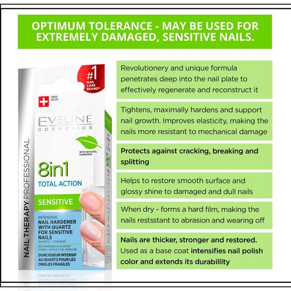 Eveline Cosmetics Nagelhärter für empfindliche, brüchige Nägel, stärkt & schützt empfindliche Nägel, mit Quarz, als Basis unter Nagellack, 8in1 Total Action Sensitive mit Quarz, 12 ml