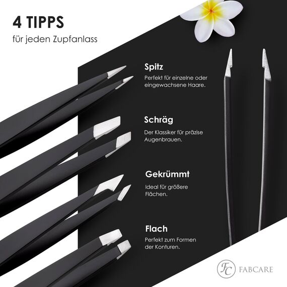 FABCARE Pinzette zum Augenbrauen zupfen (schräg) inkl. Etui - Verbesserte Spitze - Profi Augenbrauenpinzette mit Anti-Rutsch Beschichtung - Zupfpinzette zur Haarentfernung - Spitze Pinzette (Set)