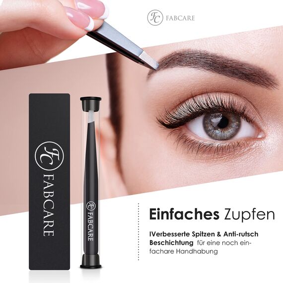 FABCARE Pinzette zum Augenbrauen zupfen (schräg) inkl. Etui - Verbesserte Spitze - Profi Augenbrauenpinzette mit Anti-Rutsch Beschichtung - Zupfpinzette zur Haarentfernung - Spitze Pinzette (Single)