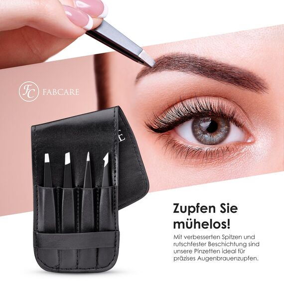 FABCARE Pinzette zum Augenbrauen zupfen (schräg) inkl. Etui - Verbesserte Spitze - Profi Augenbrauenpinzette mit Anti-Rutsch Beschichtung - Zupfpinzette zur Haarentfernung - Spitze Pinzette (Set)