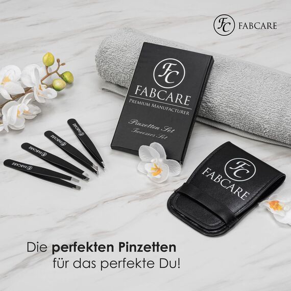FABCARE Pinzette zum Augenbrauen zupfen (schräg) inkl. Etui - Verbesserte Spitze - Profi Augenbrauenpinzette mit Anti-Rutsch Beschichtung - Zupfpinzette zur Haarentfernung - Spitze Pinzette (Set)