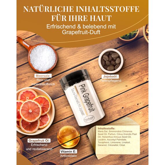 Frankonia BATH & SPA Sauna Salz Peeling Pink Grapefruit – 400 g Meersalz-Körperpeeling mit Jojobaöl & Vitamin E – Dusch- & Body Scrub für alle Hauttypen – Vegan & ohne Parabene – ohne Microplastik