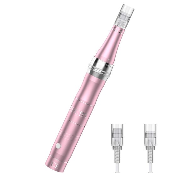 PELCAS Derma pen Elektrischer Mikroneedling Schönheit Pen Mikronadelstift Wiederaufladbar Verstellbar Länge mit 3 Geschwindigkeiten inkl. 3 Ersatzköpfe Tragbares Microneedling Gerät für Gesicht Haut