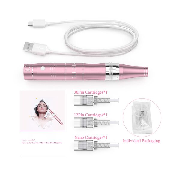 PELCAS Derma pen Elektrischer Mikroneedling Schönheit Pen Mikronadelstift Wiederaufladbar Verstellbar Länge mit 3 Geschwindigkeiten inkl. 3 Ersatzköpfe Tragbares Microneedling Gerät für Gesicht Haut