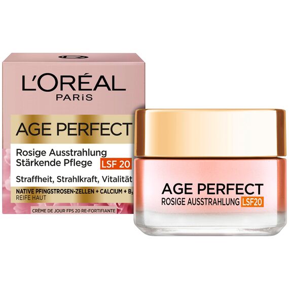 L'Oréal Paris Rosé Tagespflege LSF 20 für Frauen, für eine ebenmäßige & strahlende Haut & rosig frische Ausstrahlung mit Pfingsrosen-Zellen, Calcium und Vitamin B3, Age Perfect Golden Age1x 50ml