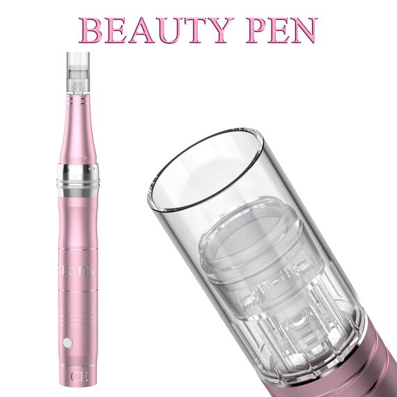 PELCAS Derma pen Elektrischer Mikroneedling Schönheit Pen Mikronadelstift Wiederaufladbar Verstellbar Länge mit 3 Geschwindigkeiten inkl. 3 Ersatzköpfe Tragbares Microneedling Gerät für Gesicht Haut