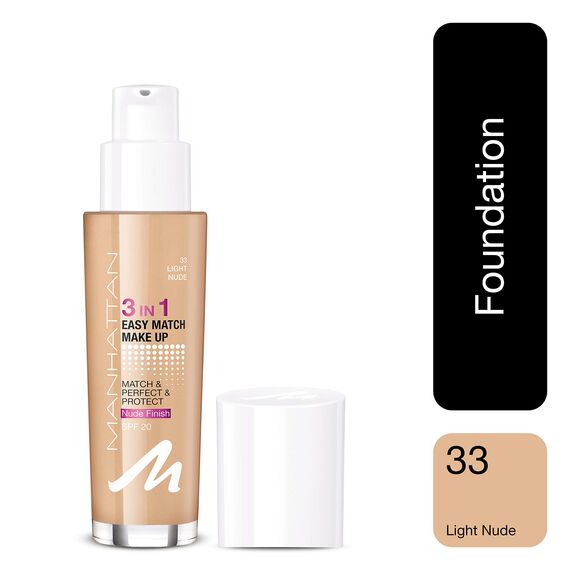 Manhattan 3in1 Easy Match Make Up, ölfreie Foundation für einen makellosen Teint, Farbe 33 light nude, 30ml